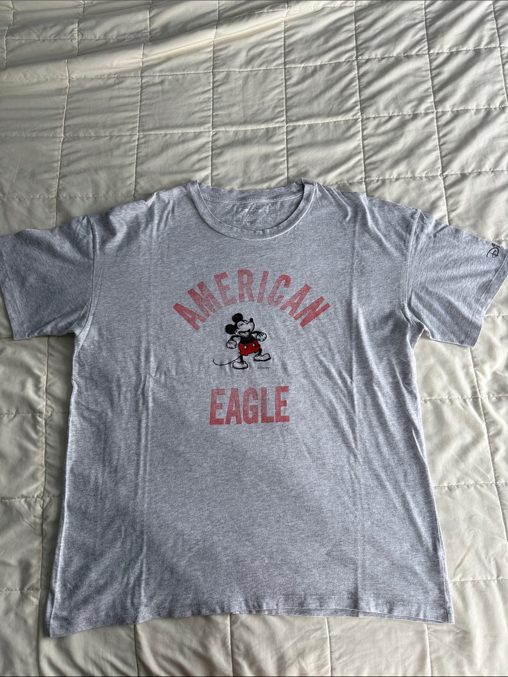 American Eagle Outfitters Light Gray Tee with Red Print and Mickey Graphic